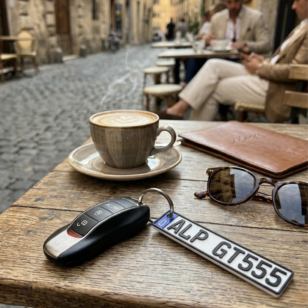 Schlüsselanhänger mit Kennzeichen-Design von Alphaside Studios, aus Metall gefertigt, mit dekorativem Nummernschild-Motiv.