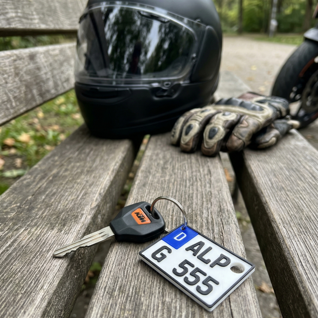 Schlüsselanhänger mit Kennzeichen-Design von Alphaside Studios, aus robustem Material, zeigt detailreiche Kennzeichenmotive.